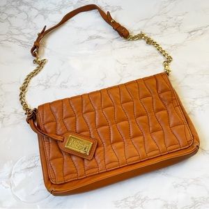 Badgley Mischka Quilted Brown Leather Shoulder Bag Flap Medium Sized Gold Chain